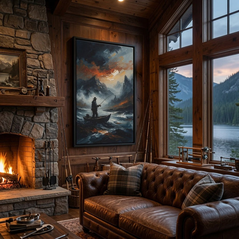 Black framed matte canvas with dark mountain backdrop, storm clouds, and lone fisherman