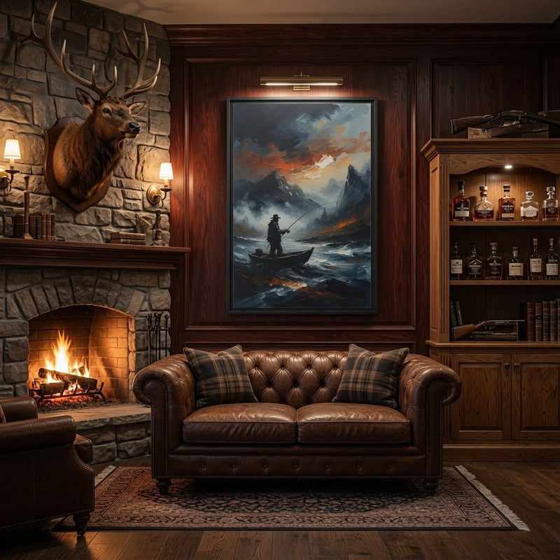 Black framed matte canvas with lone fisherman silhouette, turbulent sea, and orange storm sky