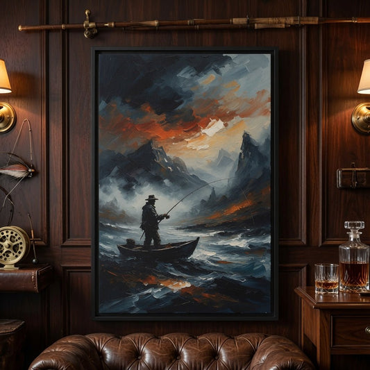 Black framed matte canvas close-up of stormy peaks, clouds, and lone fisherman on water