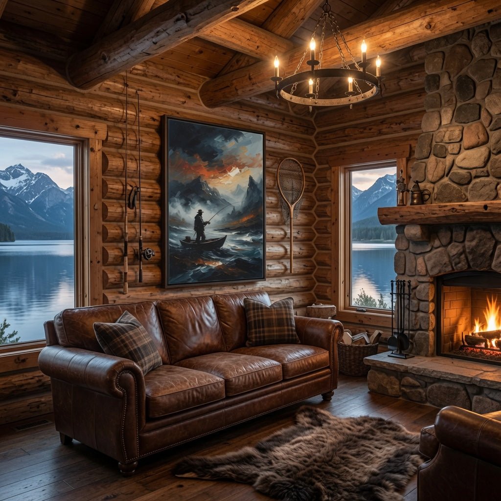 Black framed matte canvas with stormy mountain lake scene and lone fisherman on boat