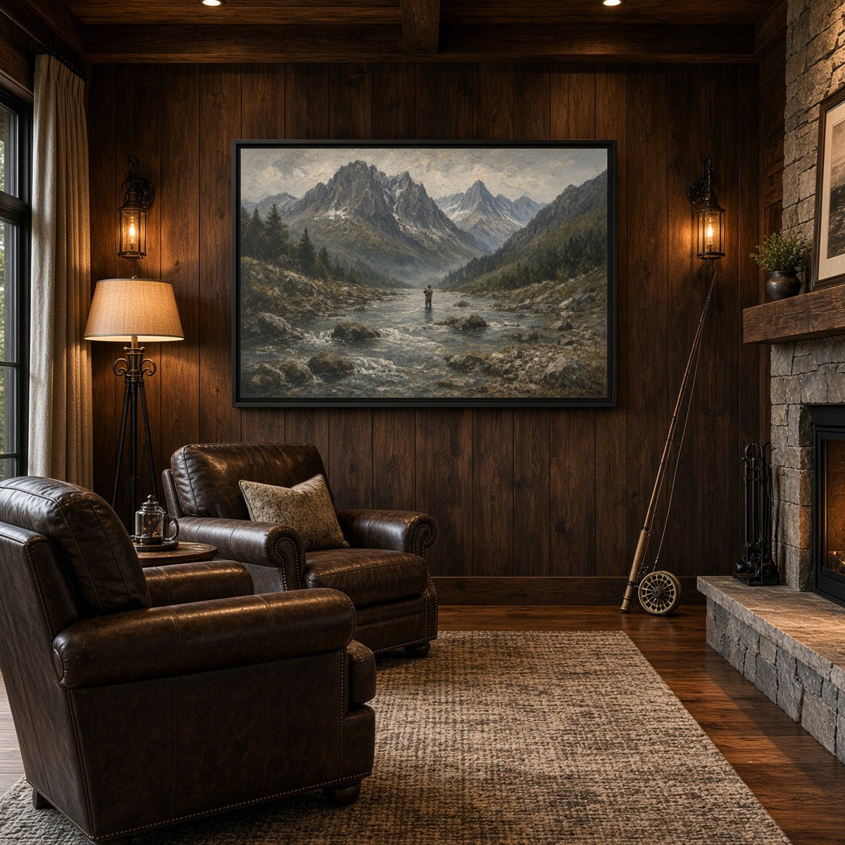 Framed canvas wall art depicting a mountain river landscape with a solitary person