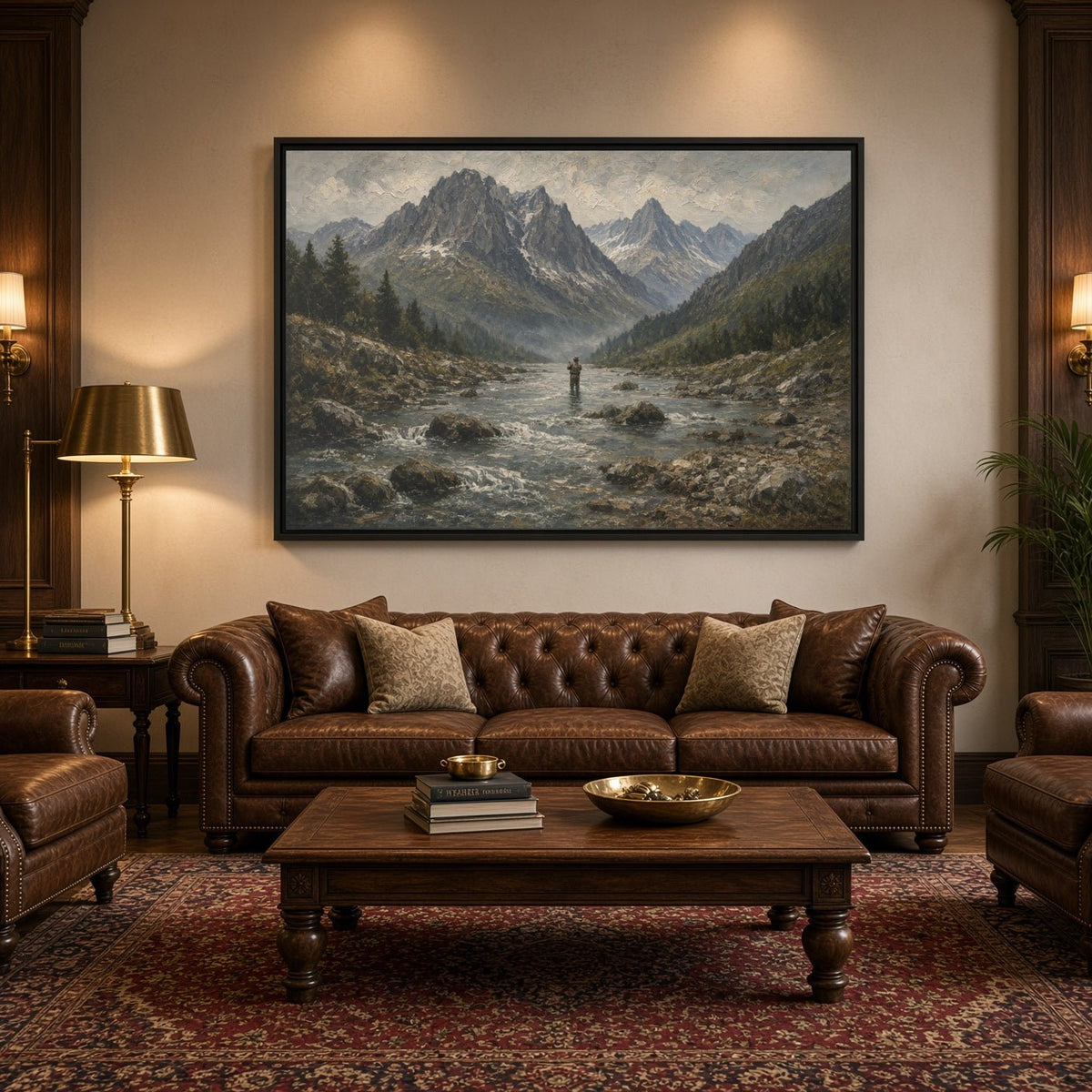 Black-framed fly fishing canvas wall art with mountain landscape, river, and angler figure