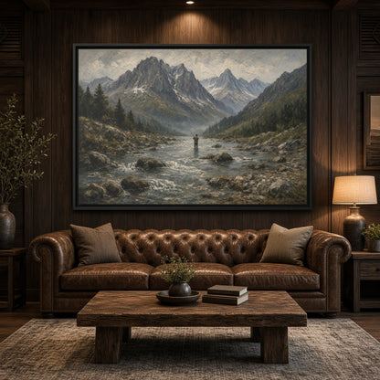 Black-framed fly fishing canvas wall art depicting mountain river and standing fisherman