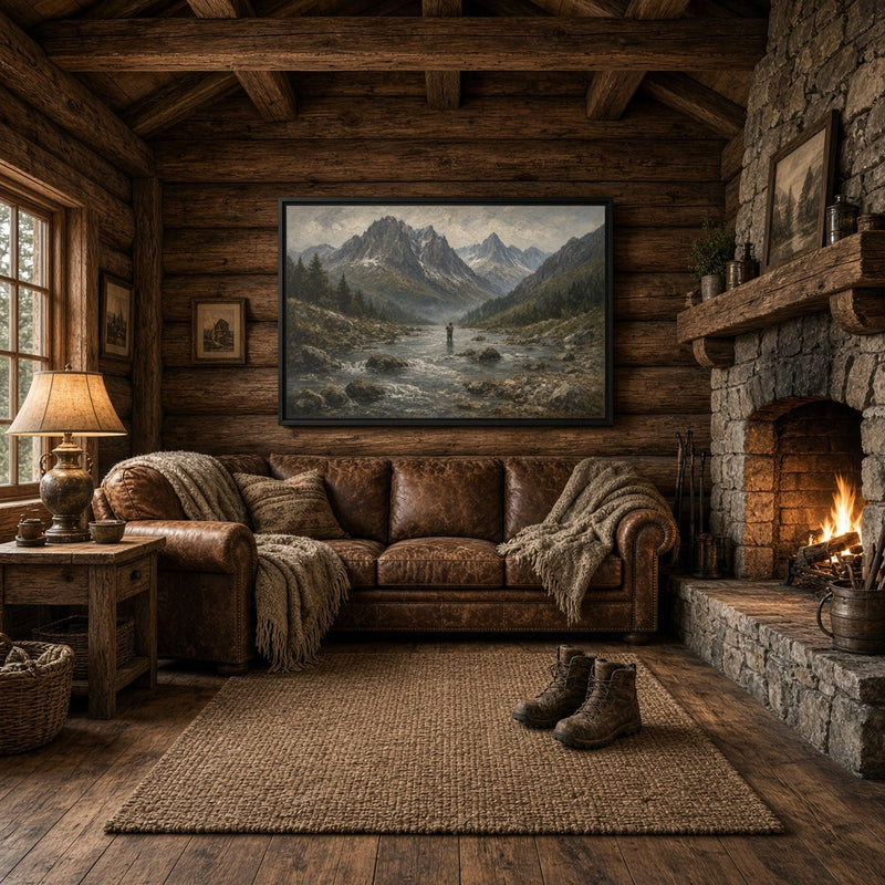 Framed canvas wall art with a river path through mountains and trees