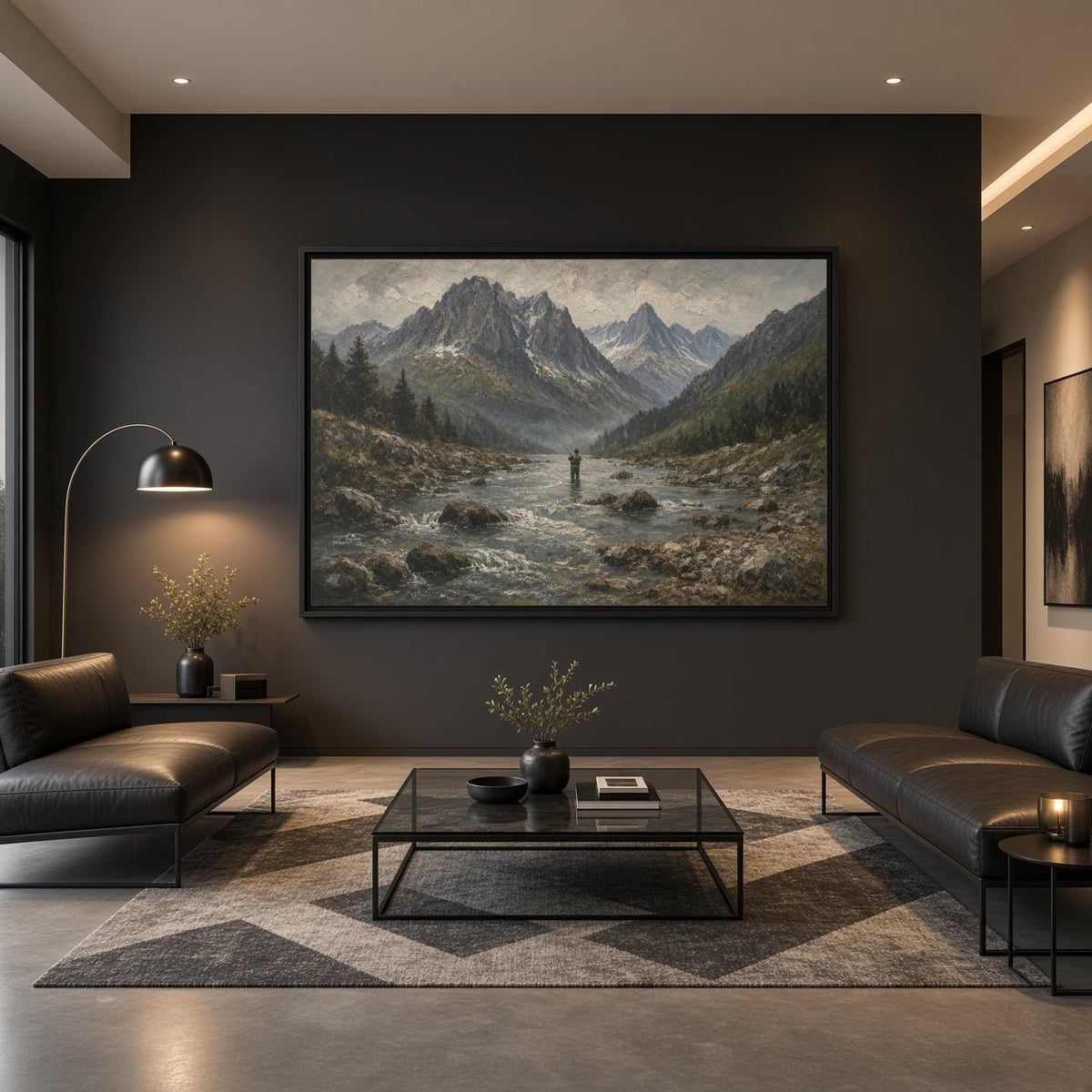 Framed canvas wall art with mountain river valley landscape and lone figure