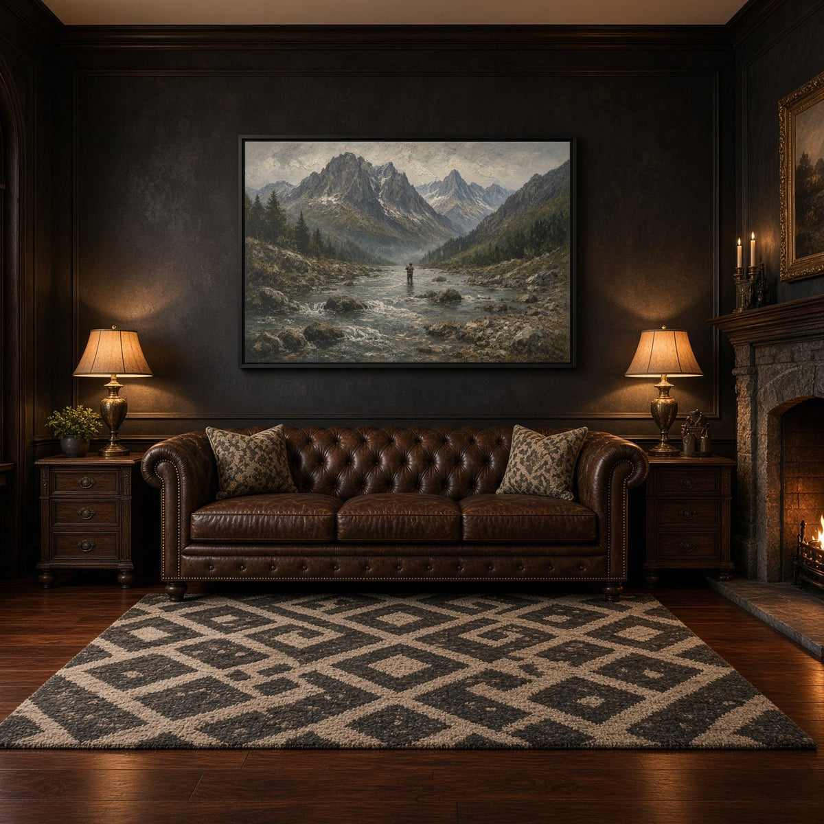 Black-framed fly fishing canvas wall art featuring mountain river scene and angler in center
