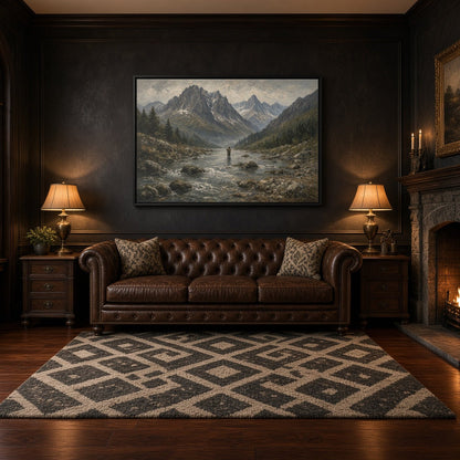 Black-framed fly fishing canvas wall art featuring mountain river scene and angler in center