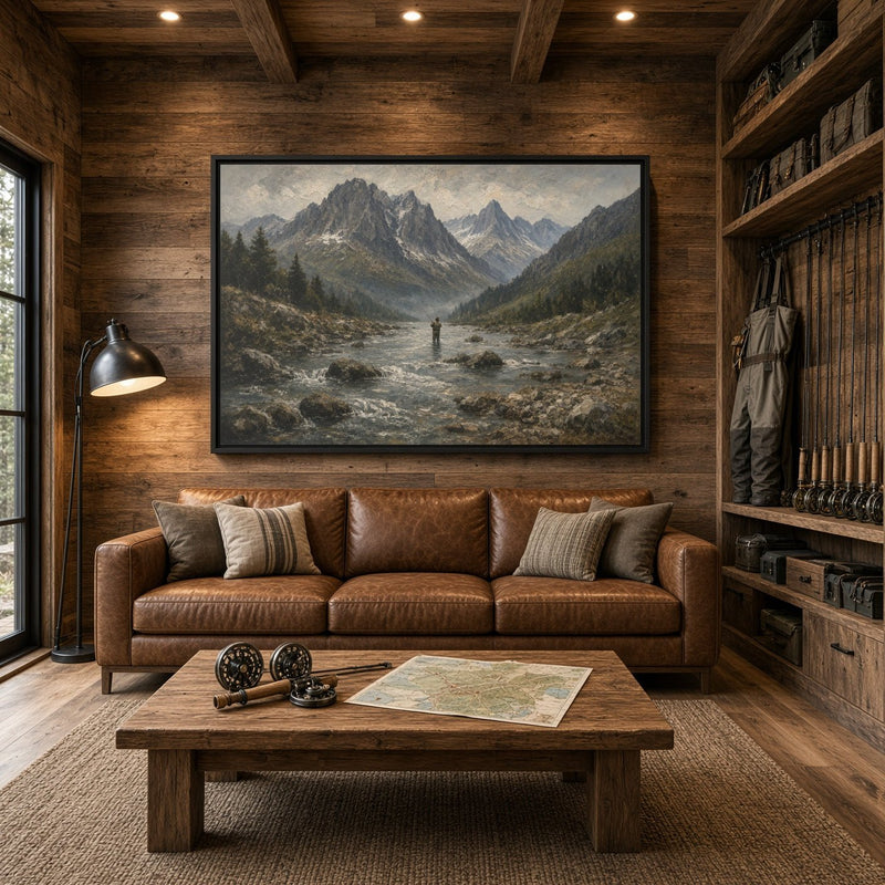Black-framed fly fishing canvas wall art with wide mountain valley river and standing fisherman