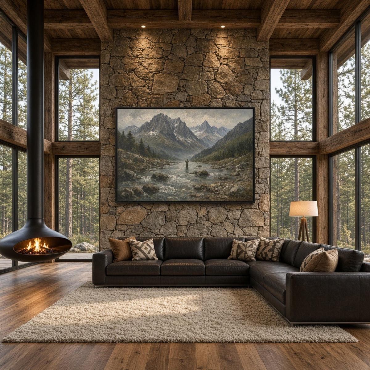 Black-framed fly fishing canvas wall art showing mountain river rapids and lone angler