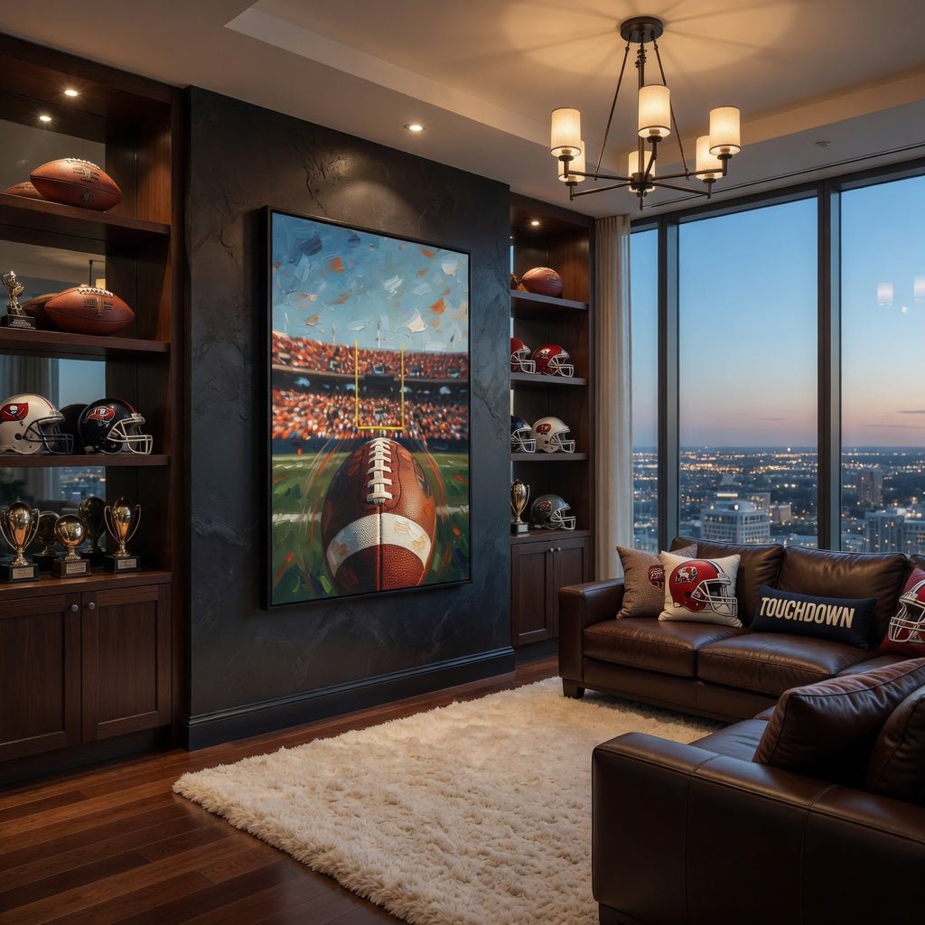 Black-framed canvas wall art featuring a football with a colorful confetti sky above.