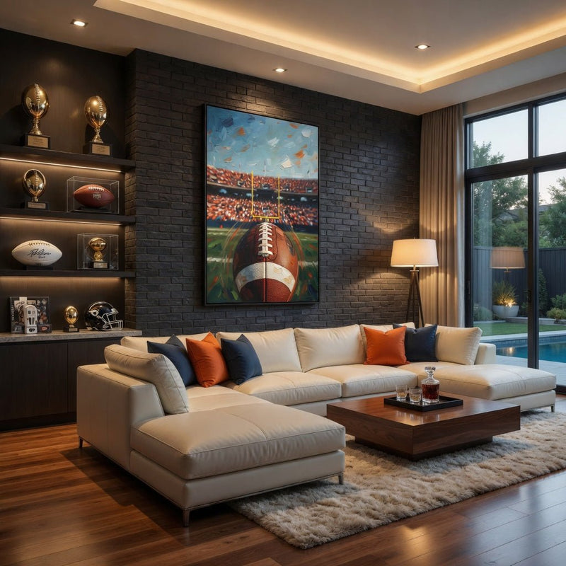Black-framed canvas wall art featuring a football over a painted football field scene.
