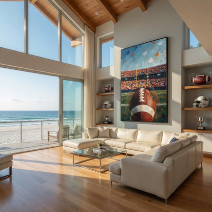 Black-framed canvas wall art of a football with stadium crowd lights and confetti.