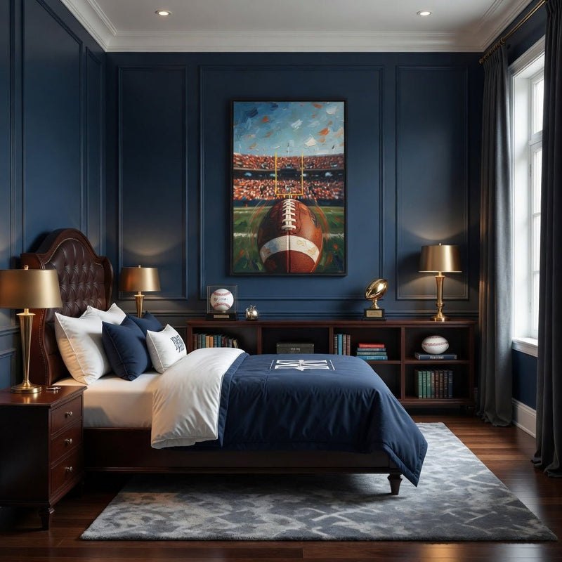 Black-framed canvas wall art showing a football front view with stadium goal posts.