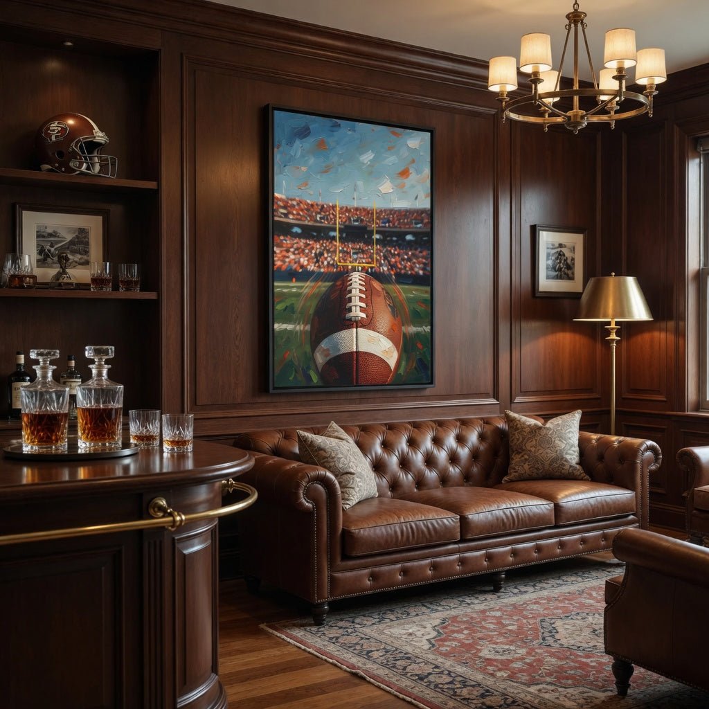 Black-framed canvas wall art with football and stadium lights in a vintage style.