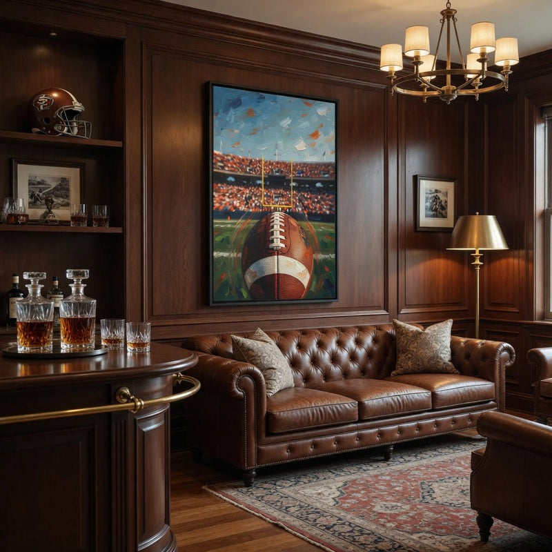 Black-framed canvas wall art with football and stadium lights in a vintage style.
