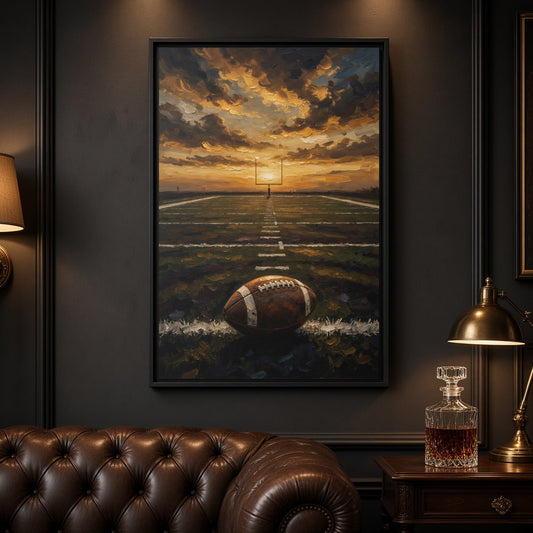 Black-framed football field canvas wall art with football, goal post, and sunset horizon
