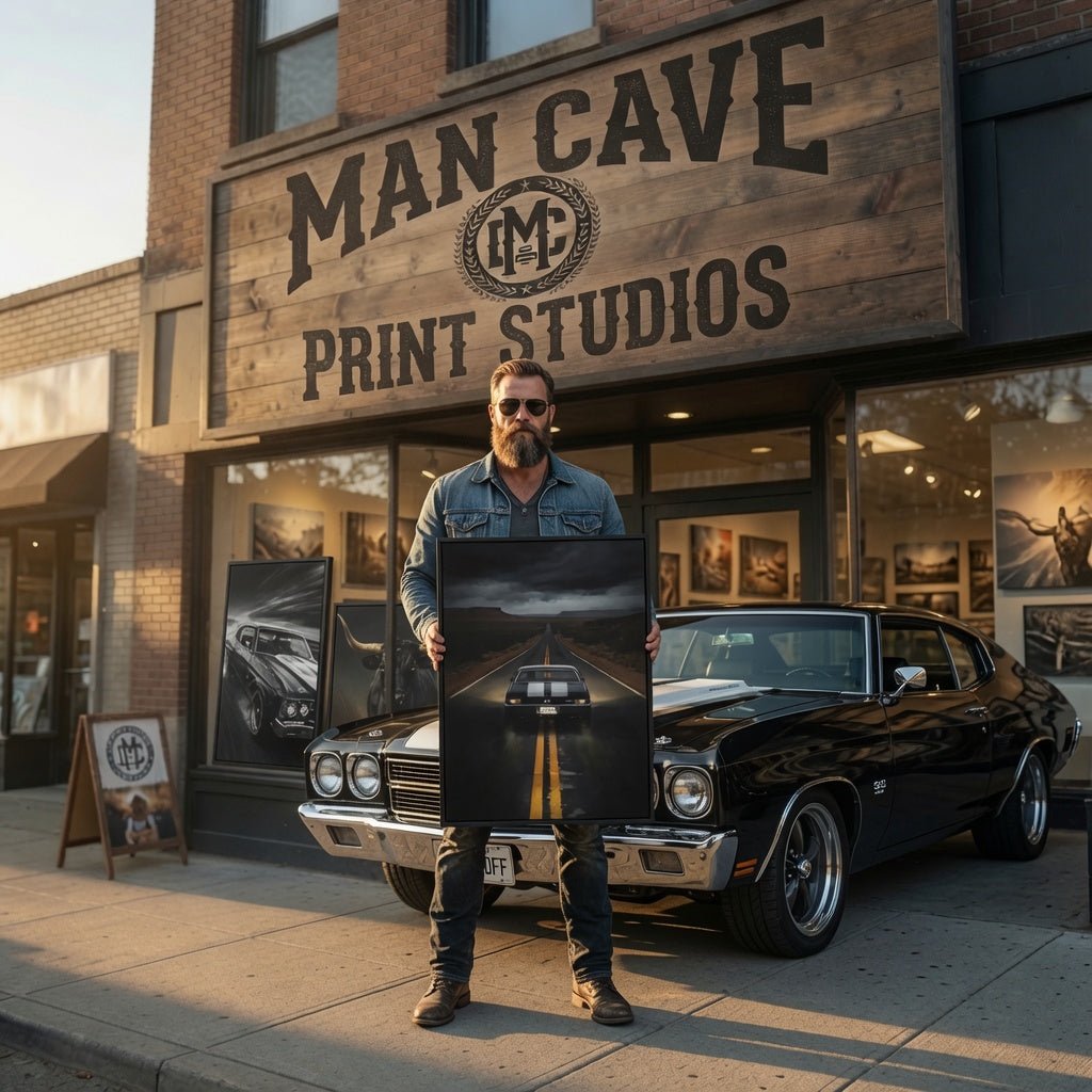 Framed wall art showing a black muscle car on a road with yellow center lines.