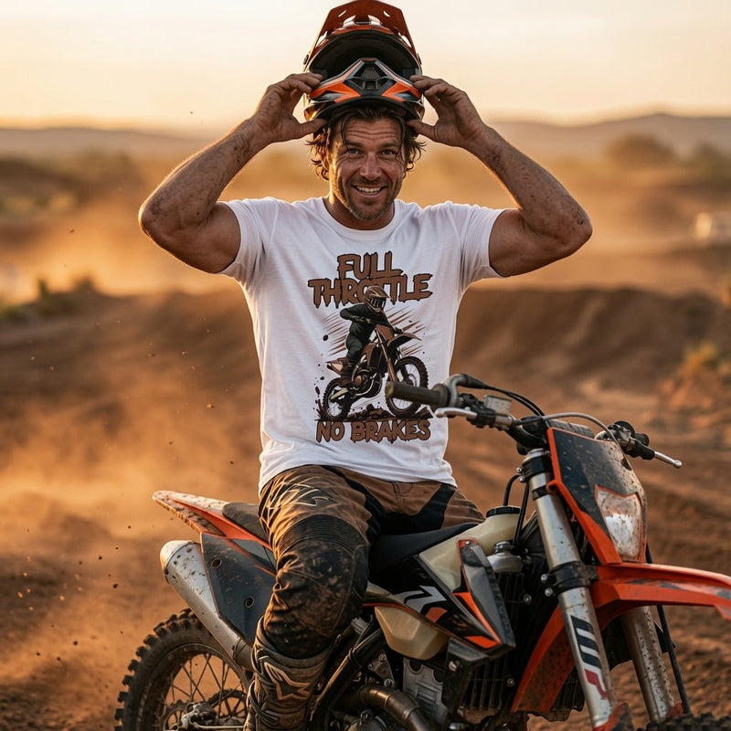 White motocross t-shirt with Full Throttle No Brakes graphic, worn by rider in front view