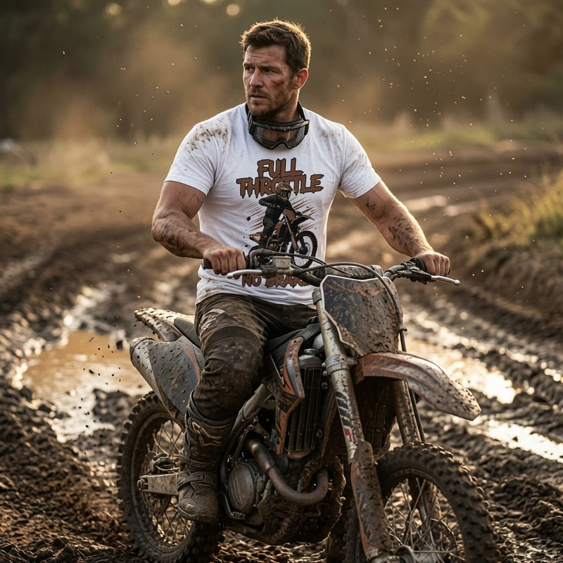 White motocross t-shirt with Full Throttle No Brakes graphic, worn while riding