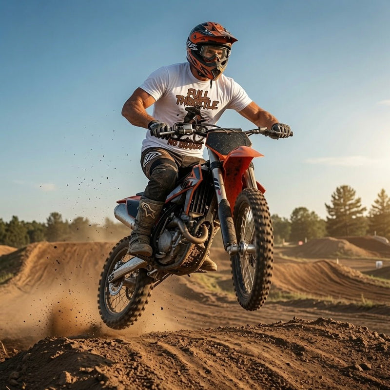 White motocross t-shirt with Full Throttle No Brakes graphic, worn during jump