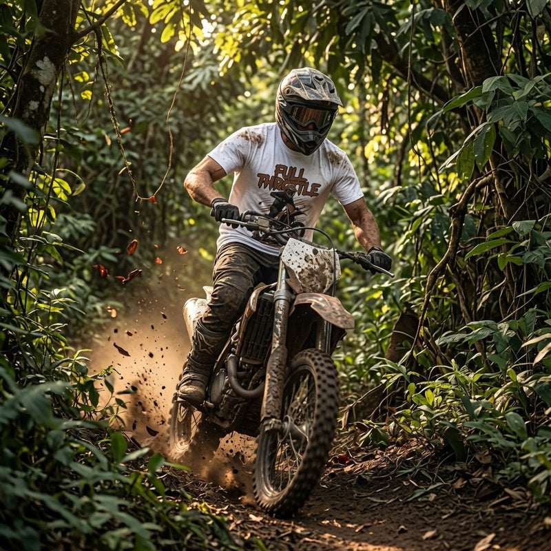 White motocross t-shirt with Full Throttle No Brakes graphic, worn on dirt bike rider