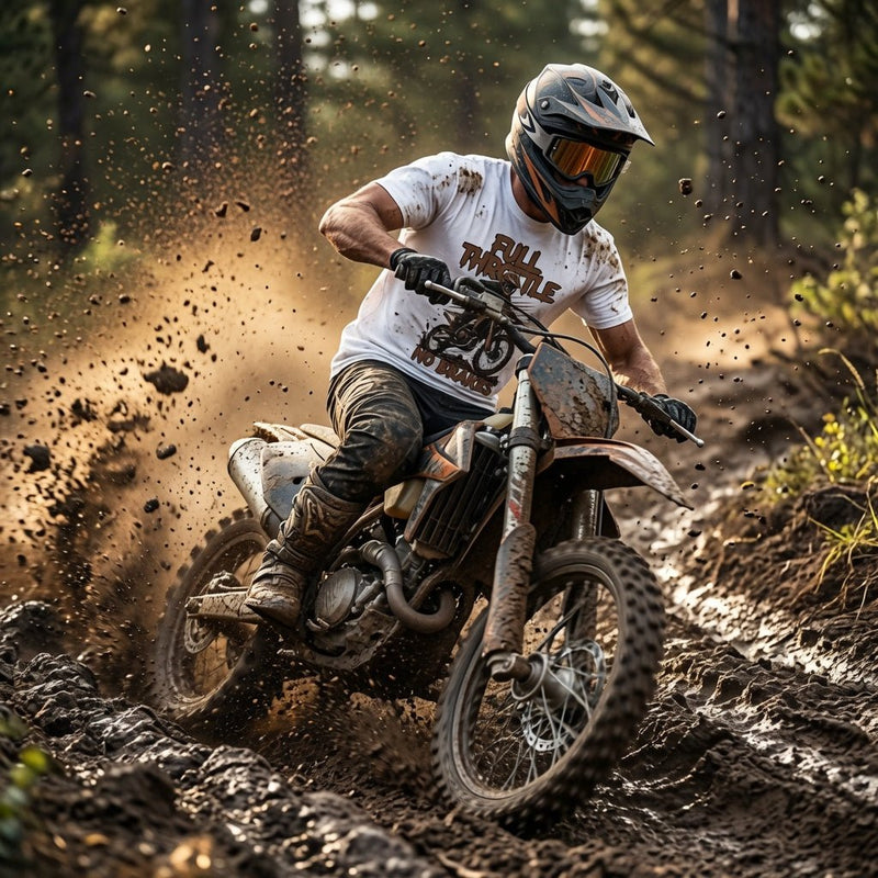 White motocross t-shirt with Full Throttle No Brakes graphic, worn while riding