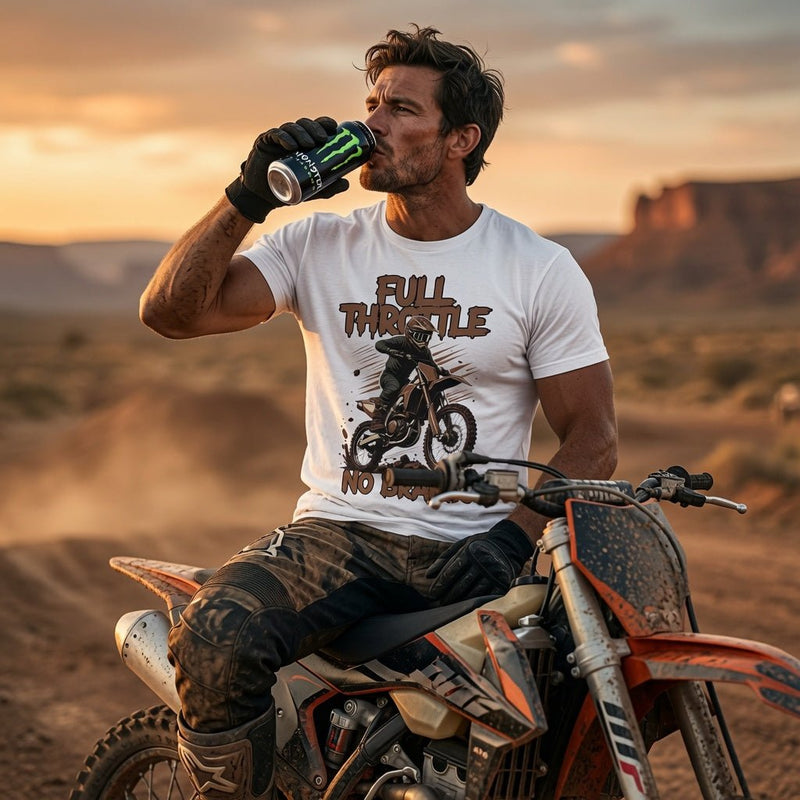 White motocross t-shirt with Full Throttle No Brakes rider graphic, worn on rider