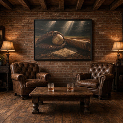 Black-framed baseball sports canvas print on wall, showing glove, baseball, and bat