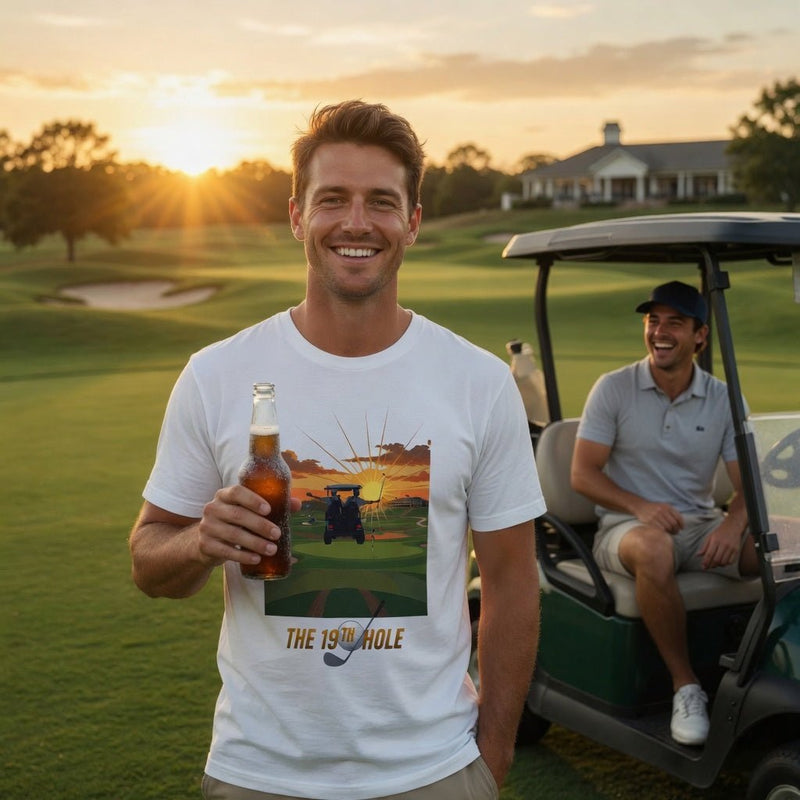 White golf T-shirt worn by a man, with front graphic of a golf cart at sunset and “THE 19TH HOLE”.