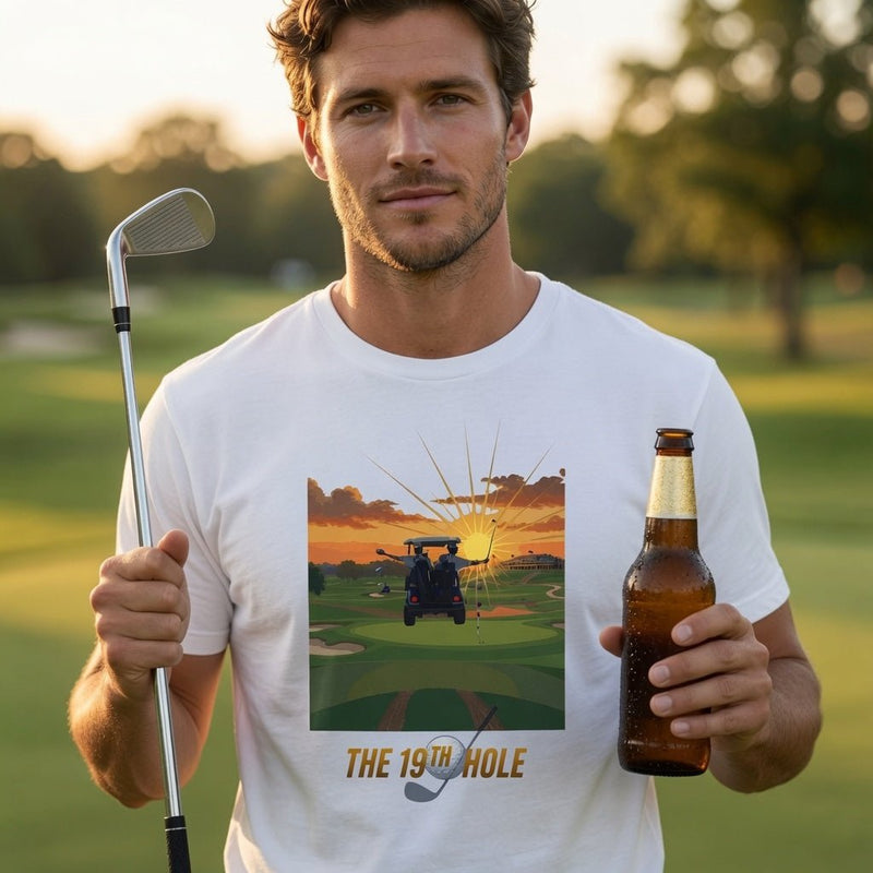 White crew-neck T-shirt, front graphic with golf course scene and 'The 19th Hole' text