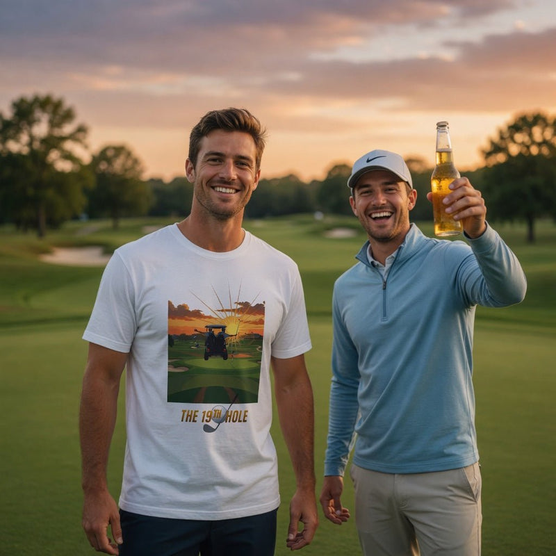 White golf T-shirt worn by a man, showing a front graphic of a golf cart at sunset and “THE 19TH HOLE”.