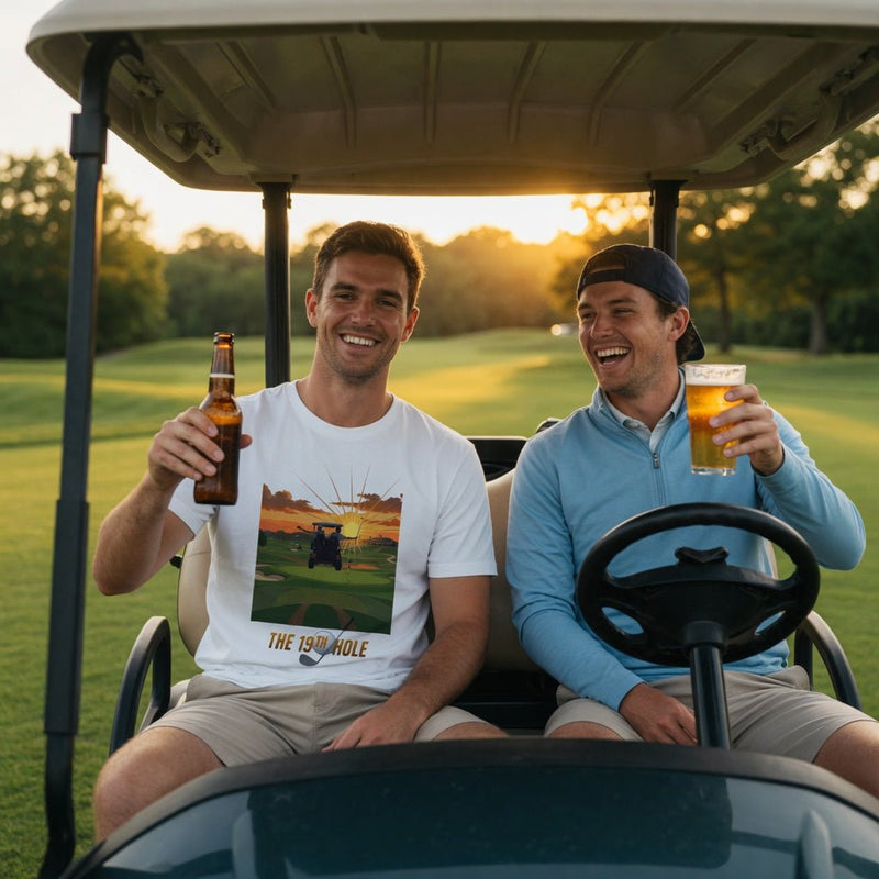 White golf T-shirt worn by a man, featuring a front graphic of a golf cart at sunset and “THE 19TH HOLE”.