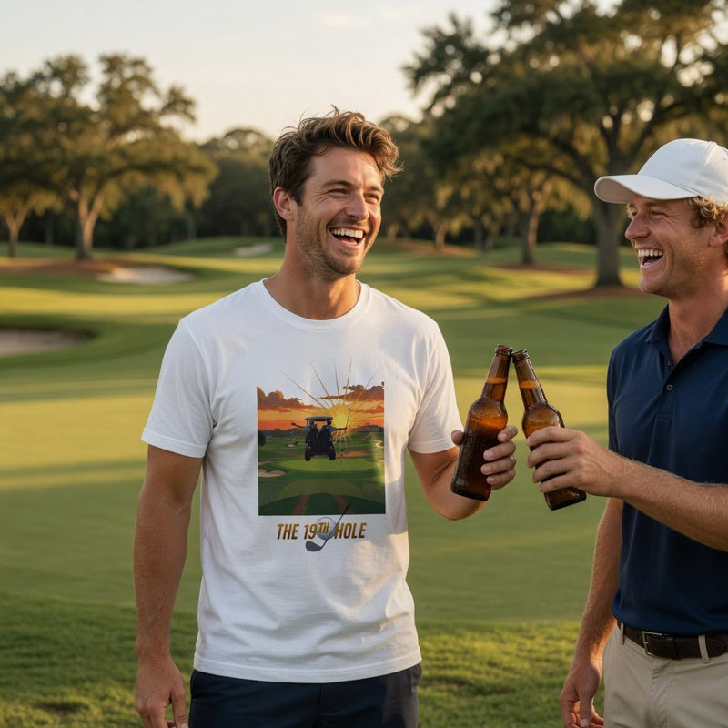 White crew-neck T-shirt with golf course graphic and 'The 19th Hole' text
