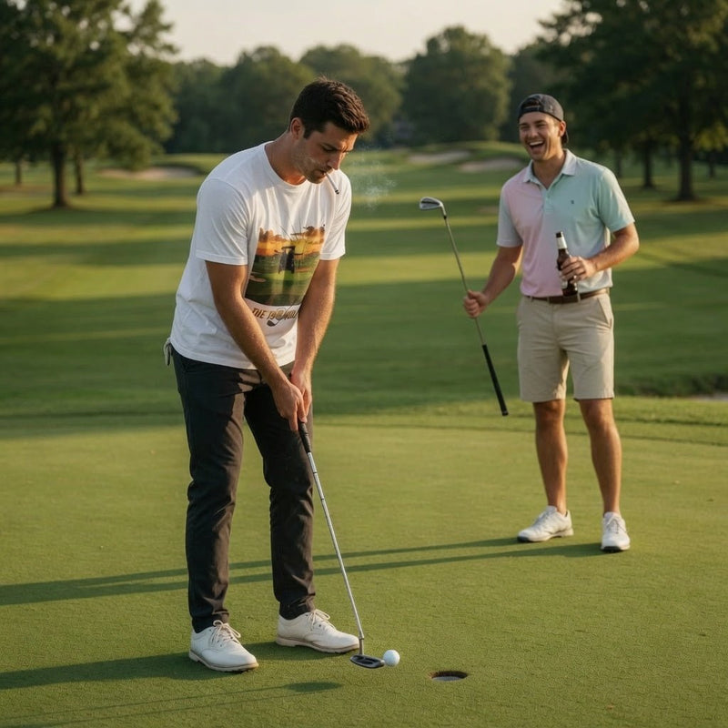 White crew-neck T-shirt with golf cart graphic and 'The 19th Hole' text