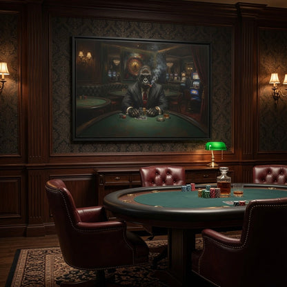 Black matte framed canvas wall art with a gorilla dealer at a green poker table.