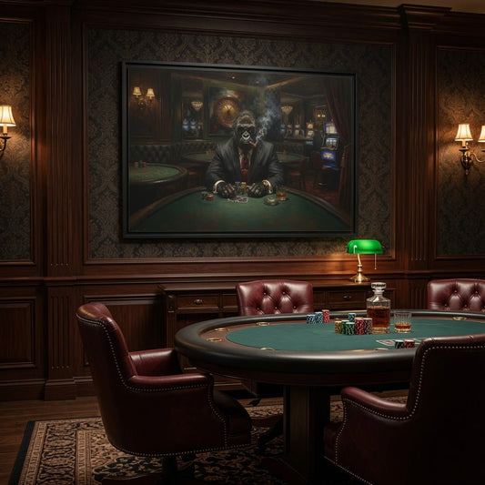 Black matte framed canvas wall art with a gorilla dealer at a green poker table.