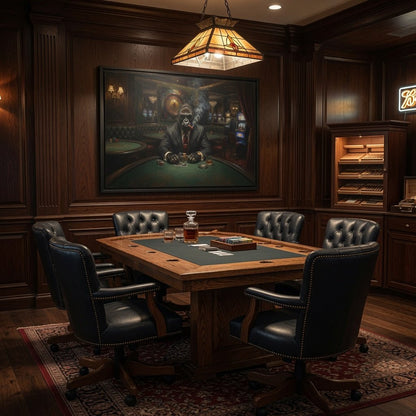 Black matte framed canvas wall art showing a gorilla dealer at a poker table interior.