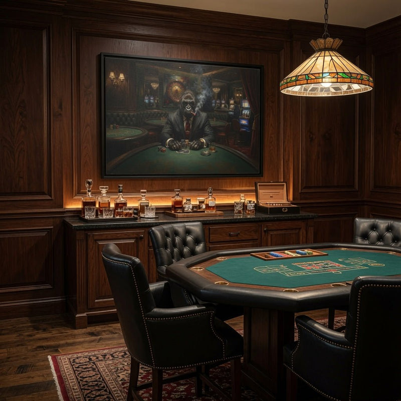 Black matte framed canvas wall art of a gorilla dealer seated at a green poker table.