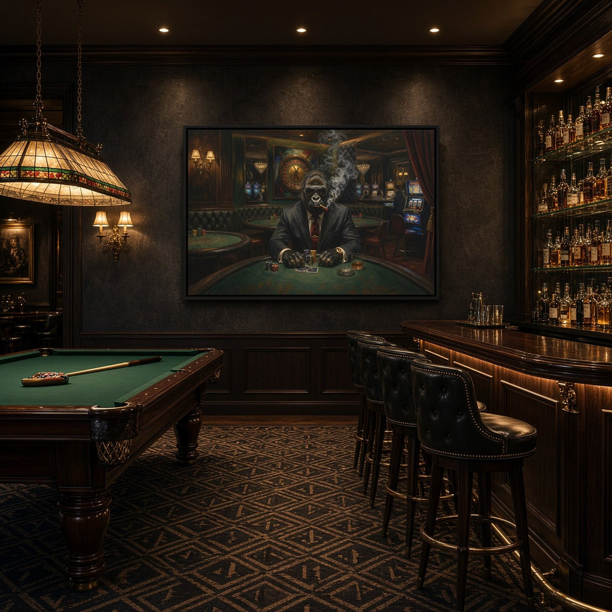 Black-framed gorilla poker canvas art above a billiards table in a bar setting