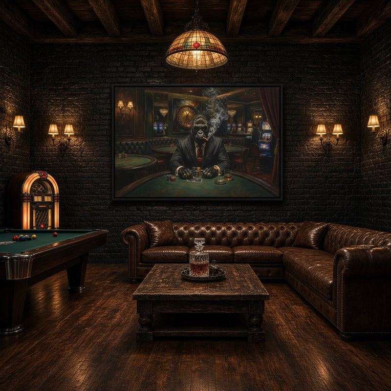 Black-framed gorilla poker canvas print on a brick wall above a dark leather couch