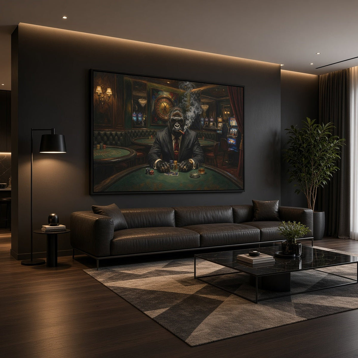 Black-framed gorilla poker canvas print above a dark leather sofa