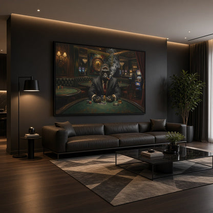 Black-framed gorilla poker canvas print above a dark leather sofa