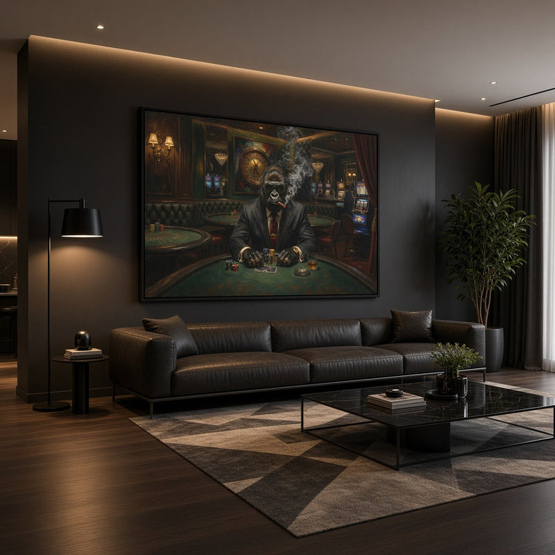 Black-framed gorilla poker canvas print above a dark leather sofa