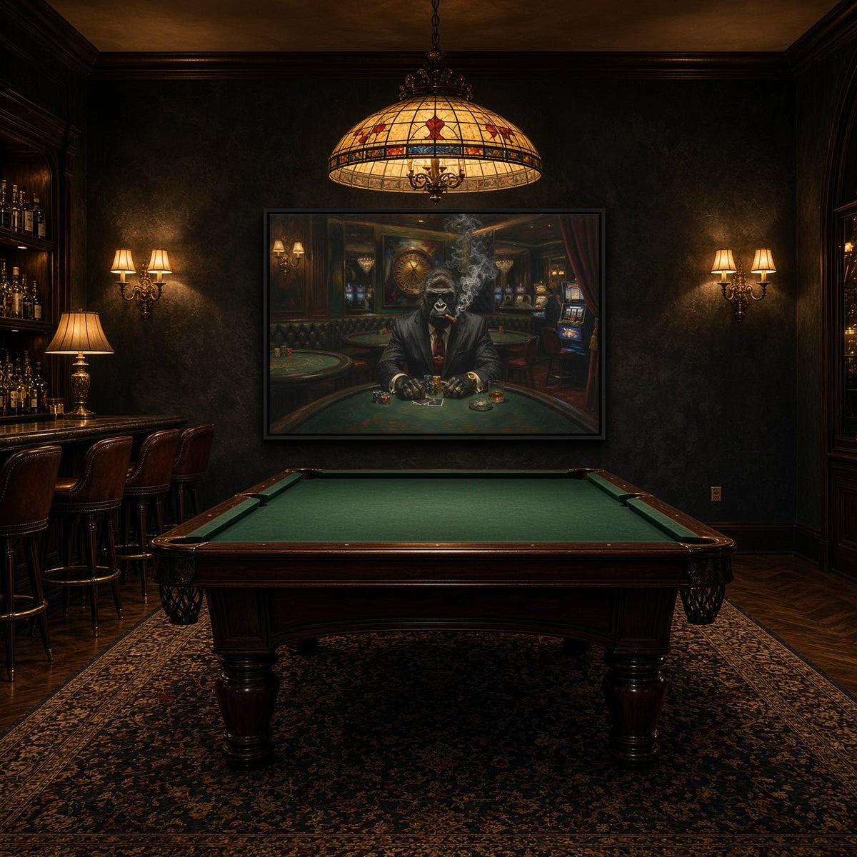 Black-framed gorilla poker canvas print above a green felt poker table
