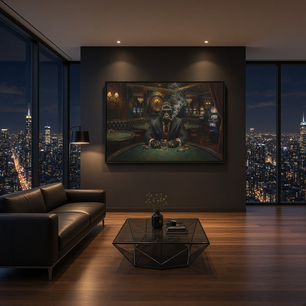 Black-framed gorilla poker canvas art on the wall with warm lighting