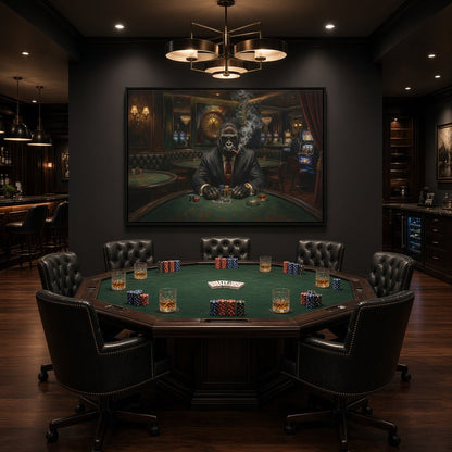 Black-framed gorilla poker canvas wall art above a round poker table with poker chips