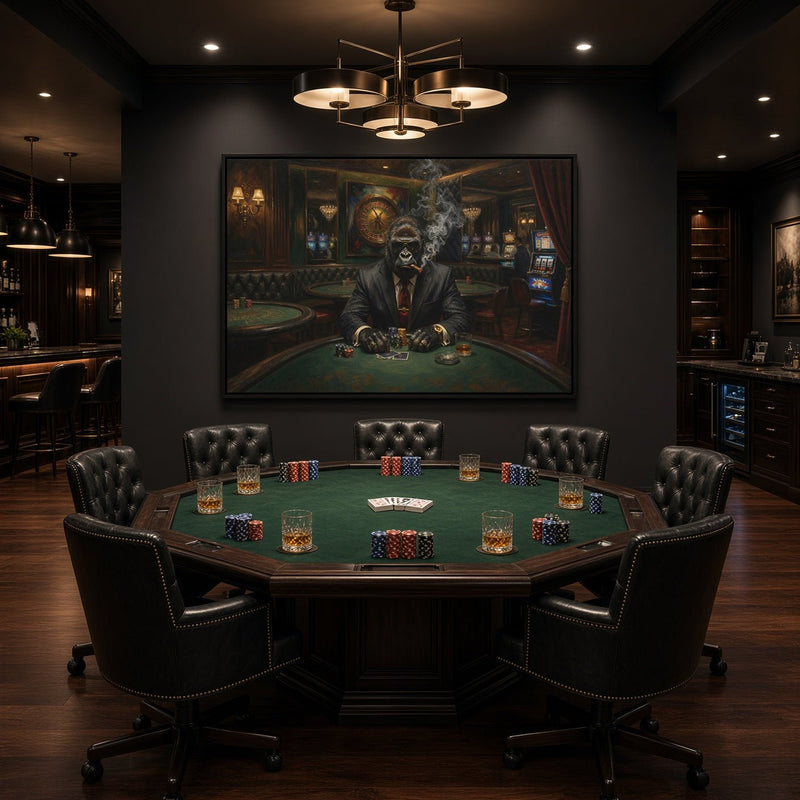 Black-framed gorilla poker canvas wall art above a round poker table with poker chips