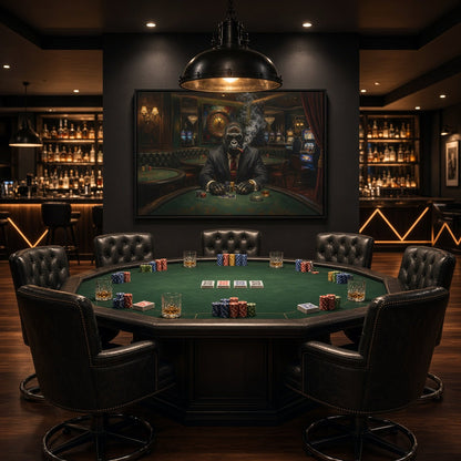 Black-framed gorilla poker artwork centered on a wall above a round poker table