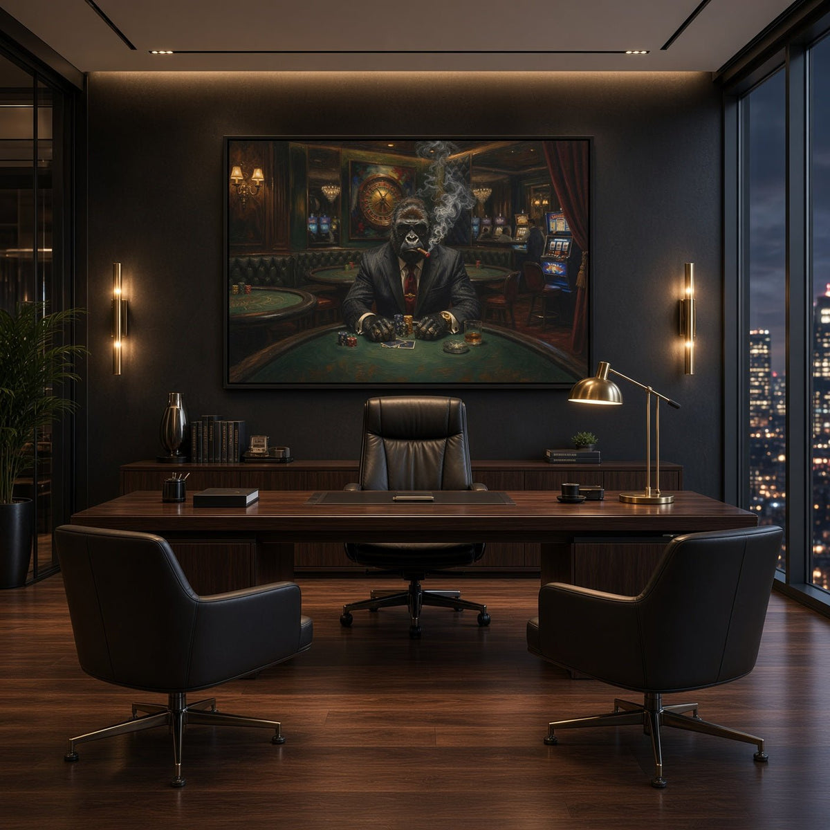 Black-framed gorilla poker canvas art, gorilla holding cards above a poker table
