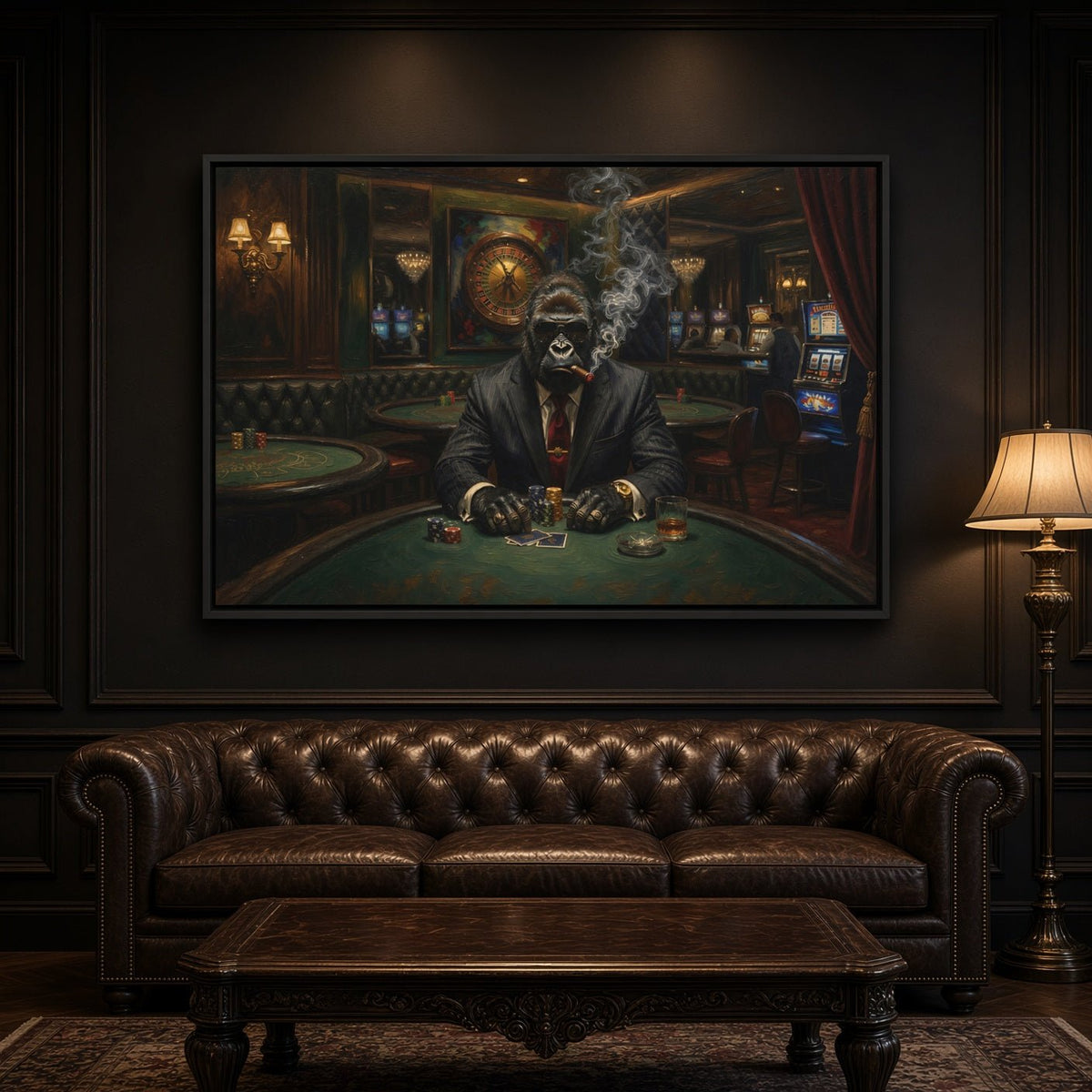 Wall-mounted framed canvas poker art showing a suited gorilla player and cigar smoke
